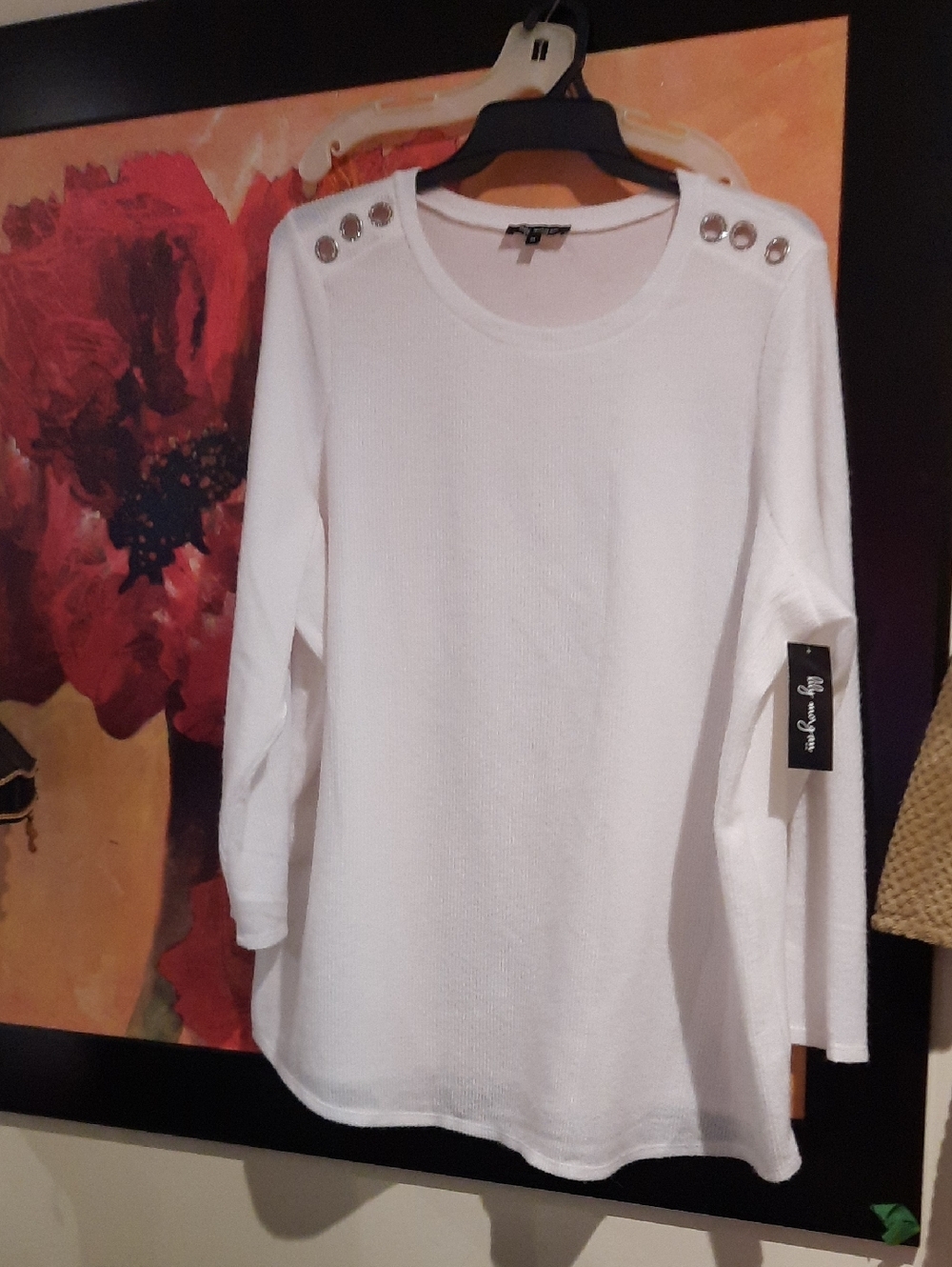 NWT Plus Size 3X White Long-Sleeve Knit Top with Blinged Out Shoulder Decoration